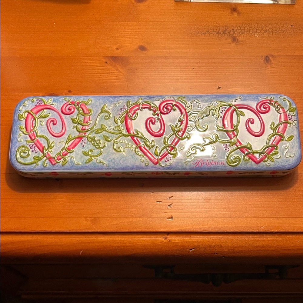 Brighton Blue Tin with Pink and Green Heart Motif